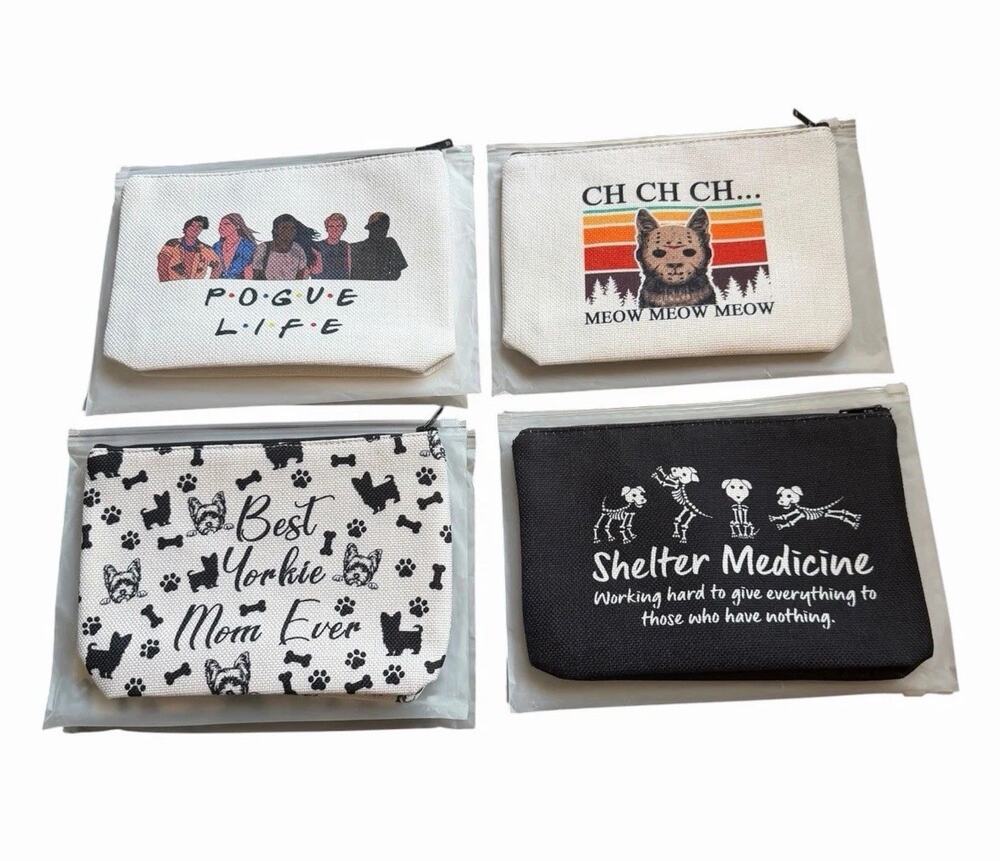 Dog Lover Makeup Bag Bundle 4 Funny Pouches Yorkie Kitten Cat Pogue Shelter Vet